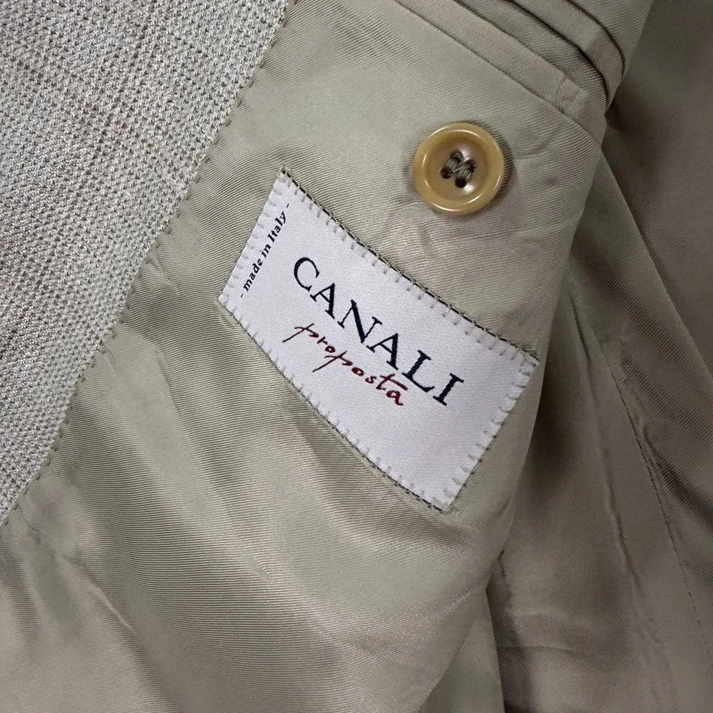 Vintage Canali Proposta Mens 38R Blazer Beige Silk Linen Wool Plaid Coat Italy